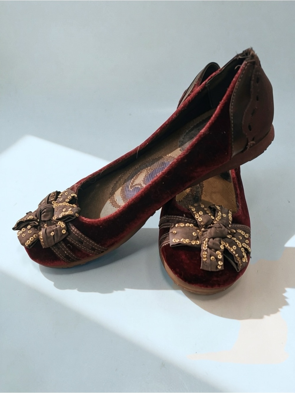 kenzie Burgundy Velvet Bow Flats with Brown Studded Trim